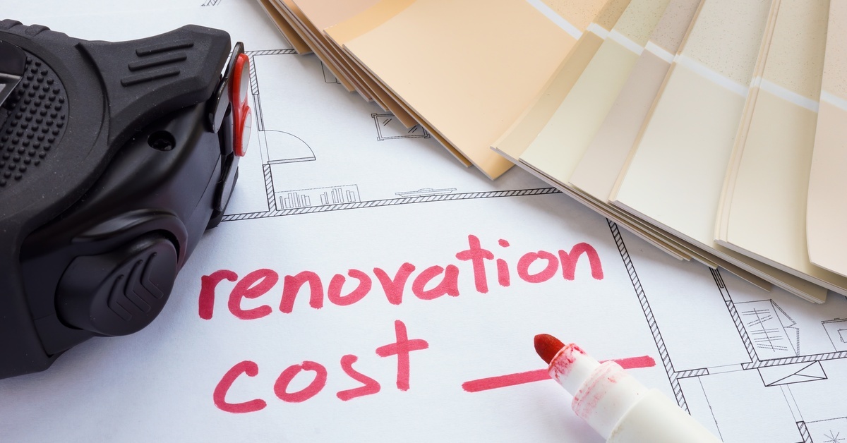 The words "renovation cost" are highlighted in red on a blueprint, with paint swatches and a construction tool nearby.